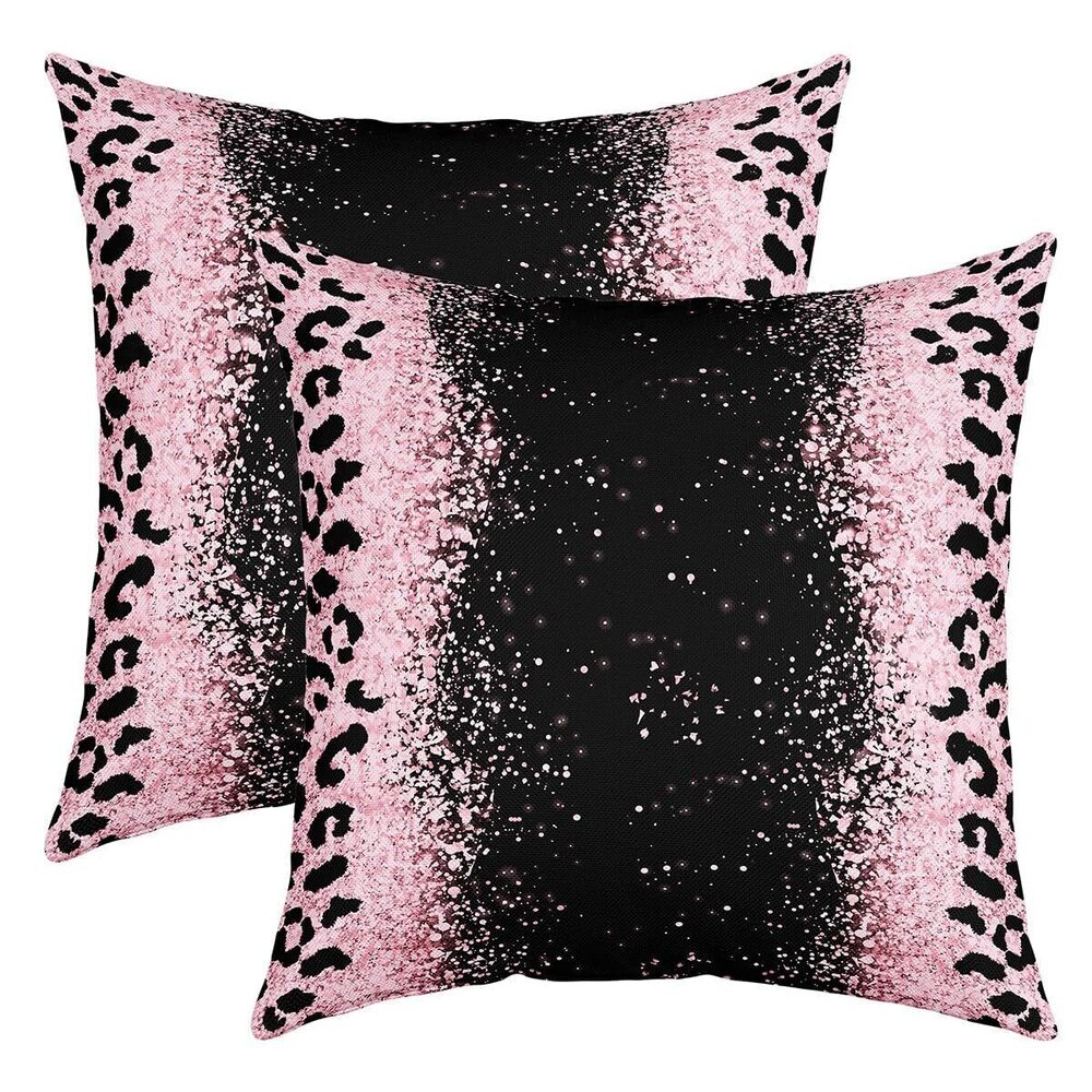 7436 Pink Black Leopard Glitter Throw Pillow Covers 20"x20" Set of 2 Ombre